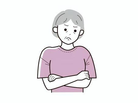 口を結び怒り眉の腕組み高齢女性／カラー お婆さん,おばあちゃん,老女,高齢者,怒る,困る,疑問,悩み,相談,ムッのイラスト素材