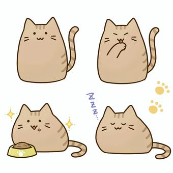 ねこ04(キジトラ) ねこ04(キジトラ) 猫,ねこ,キジトラ,ゆるい,可愛い,デフォルメ,毛づくろい,毛繕い,食事,ごはんのイラスト素材