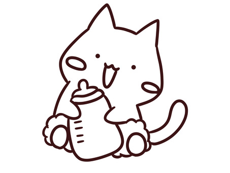 ミルクを抱えるかわいい赤ちゃん白黒猫 赤ちゃん,猫,ミルク,かわいい,ゆるい,お座り,抱える,飲む,嬉しい,笑顔のイラスト素材