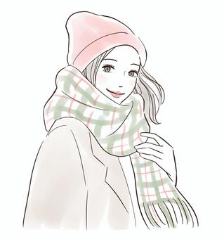 ニットキャップとマフラーをつけた女性 ニットキャップとマフラーをつけた女性 ファッション,人物,服,女性,笑顔,お洒落,大人,ガーリー,ラフ,カジュアルのイラスト素材