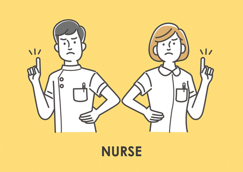注意する看護師の男女 看護師,男性,女性,同僚,診察,白衣,看護,注意,ハンドサイン,指摘のイラスト素材