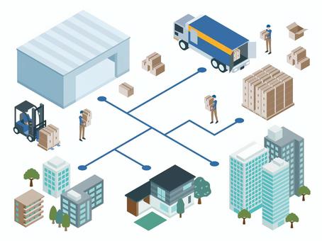 アイソメトリック_運送業 アイソメトリック_運送業 アイソメトリック,立体,アイソメ,斜め上,物流,倉庫,配送センター,トラック輸送,フォークリフト,荷物運搬のイラスト素材