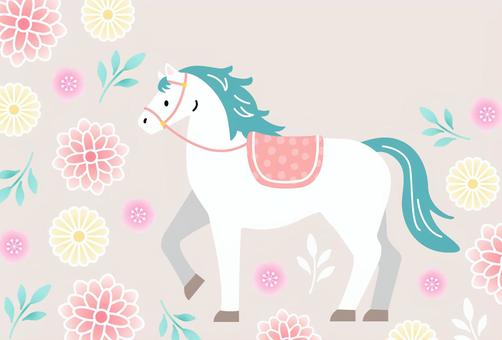 午年年賀状_09_文字なし 年賀状,2026年,馬,午年,菊,梅,和柄,和風,午,テンプレートのイラスト素材