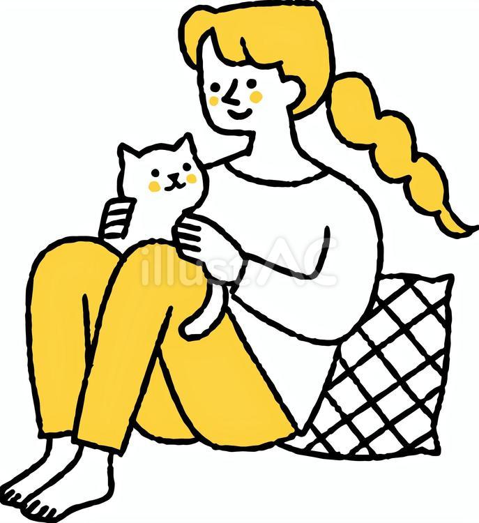 自宅で猫とくつろぐ女性 自宅,猫,くつろぐのイラスト素材