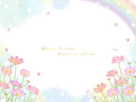 虹とコスモスの秋フレーム2 コスモス,秋,秋空,虹,花,コスモス畑,空,晴天,初秋,9月のイラスト素材
