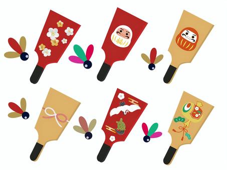 羽子板と羽根の正月イラスト 羽子板,羽根つき,お正月,新年,正月遊び,伝統行事,縁起物,だるま,梅の花,松竹梅のイラスト素材