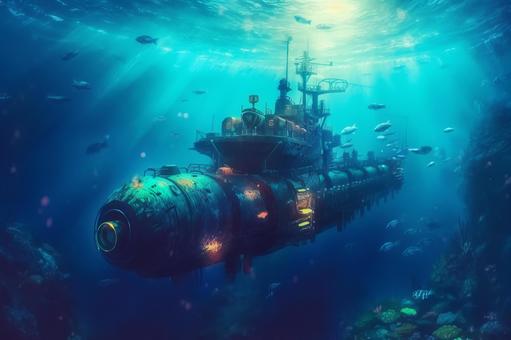 Underwater light and submarine, , JPG