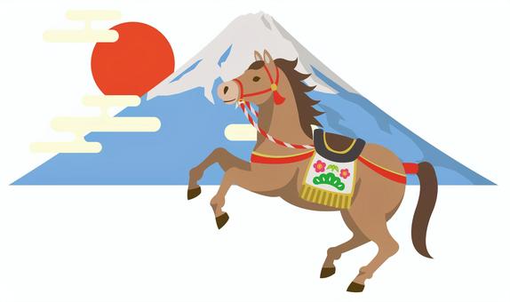 正月飾りの馬と富士山（鹿毛）_25 馬,午年,年賀状,午,干支,リアル,年賀状素材,年賀はがき,素材,2026年のイラスト素材