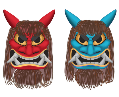 鬼のお面　節分赤と青　リアル お面,鬼,節分,赤,青,牙,つの,髪,伝統,なまはげのイラスト素材