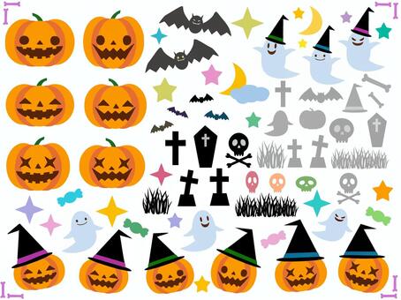 ハロウィンかぼちゃジャックオーランタン1 ハロウィン,かぼちゃ,ジャックオーランタン,おばけ,墓,棺桶,骸骨,スカル,星,キャンディーのイラスト素材