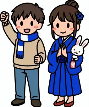 青の冬着の男子女子です。 着物,シンプル,女子,和装,和服,ファッション,振袖,袴,成人式,正月のイラスト素材