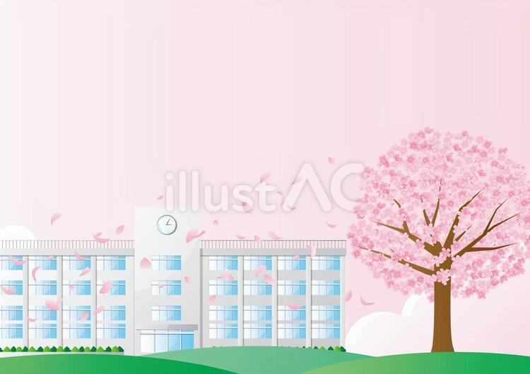 可愛い桜の木と学校の背景素材 春,桜,木のイラスト素材