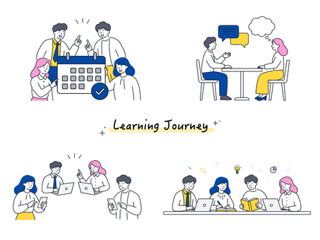受講開始プロセスのサポートイラストセット 人物,学習,計画,相談,説明,実践,グループ,メンター,受講,勉強のイラスト素材