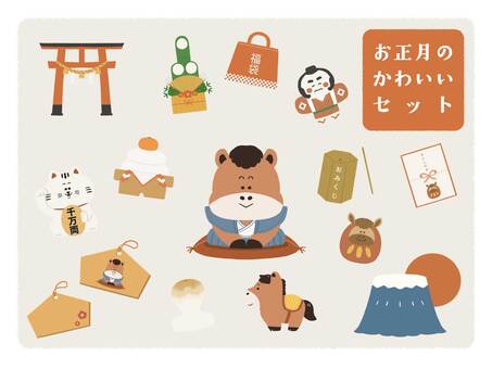 お正月のかわいいセット（午年） 正月,日本,風習,新年,飾り,セット,神社,門松,午年,午のイラスト素材