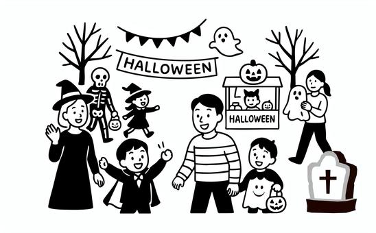 ハロウィンを楽しむファミリー ハロウィン,イベント,ファミリー,ママ,パパ,男の子,オバケ,仮装,ガイコツ,モノクロのイラスト素材