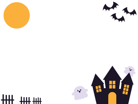 ハロウィンの夜のフレーム（枠なし） ハロウィン,フレーム,家,屋敷,おばけ,柵,こうもり,満月,夜,秋のイラスト素材