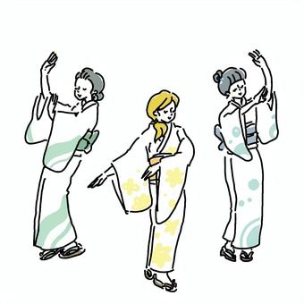 盆踊りを踊る浴衣の女性達手描きイラスト 盆踊り,浴衣,女性,踊る,手描き,スケッチ,おしゃれ,かわいい,ラフ,祭りのイラスト素材