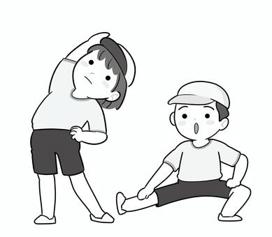 小学生体育の準備運動　白黒 準備運動,体育,小学生,柔軟体操,体操服,２人,白黒のイラスト素材