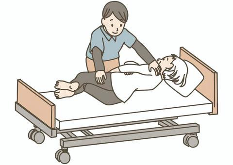 ベッド上で高齢者の体位変換を行う介護士 介護,介護士,介護福祉士,ヘルパー,介助,体位変換,ベッド,臥床,寝たきり,ポジショニングのイラスト素材