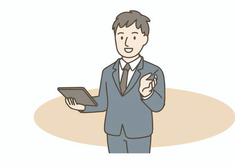 タブレットを持って説明する男性（スーツ） 人物,男性,ビジネスマン,社会人,スーツ,ネクタイ,ビジネス,プレゼン,プレゼンテーション,説明のイラスト素材