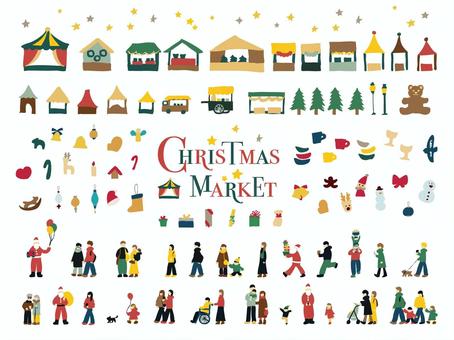クリスマスマーケットのイラストセット クリスマス,クリスマスマーケット,12月,冬,イベント,お祭り,店,出店,テント,人物のイラスト素材