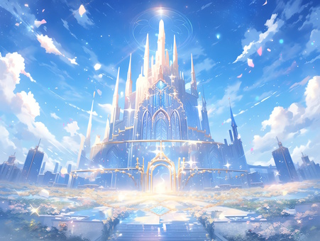 Blue sky and otherworldly fantasy-style shining castle_background, city, tower, gate, JPG