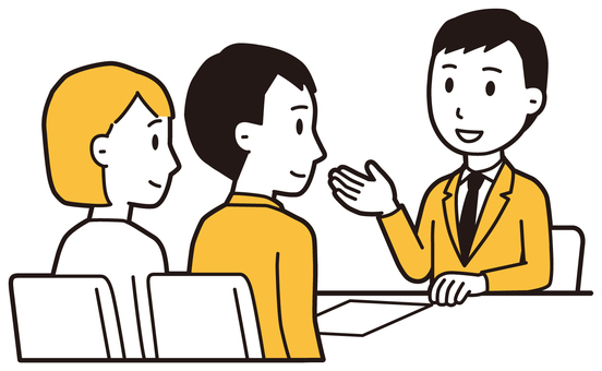 相談(黄)-003-全身 相談,会社員,男性,説明,話す,夫婦,スーツ,ビジネス,従業員,スタッフのイラスト素材