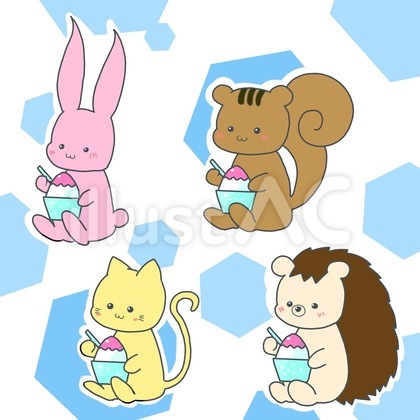 かき氷で涼む動物セットイラスト