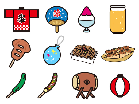いろんな夏 夏,はっぴ,うちわ,かき氷,ビール,缶,いか,ヨーヨー,焼きそば,たこ焼きのイラスト素材