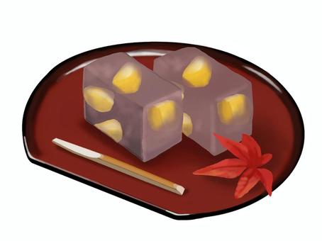 栗蒸し羊羹（赤1） 羊羹,蒸し羊羹,栗,菓子楊枝,お盆,小豆,食べ物,和菓子,菓子,おやつのイラスト素材