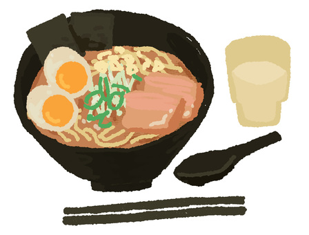 味噌ラーメン ラーメン,味噌ラーメン,豚骨ラーメン,家系ラーメン,水,お冷,チャーシューのイラスト素材