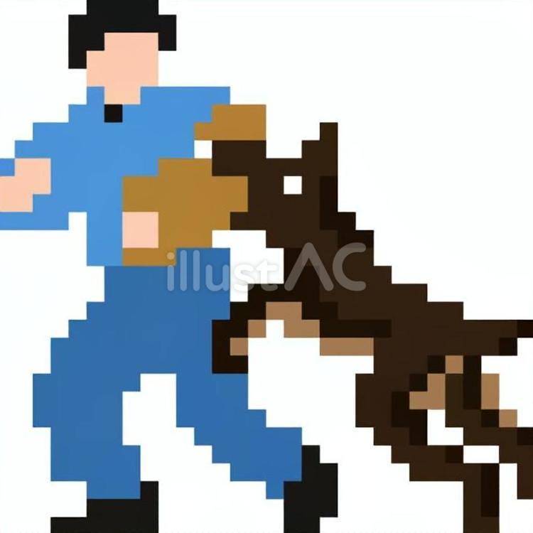 ドット絵の青の訓練士と警察犬です。 ドット絵,訓練士,警察犬のイラスト素材