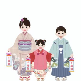 七五三　三歳　五歳　七歳　着物 七五三,着物,全身,３歳,５歳,７歳,笑顔,千歳飴のイラスト素材