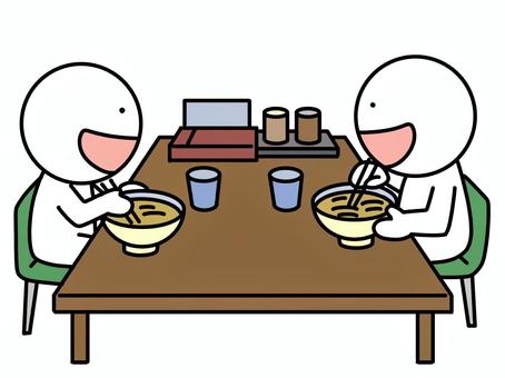食事をしながら会話する棒人間 食事,棒人間,笑顔,食べ物,食堂,2人,飲食店,かわいい,シンプル,人物のイラスト素材