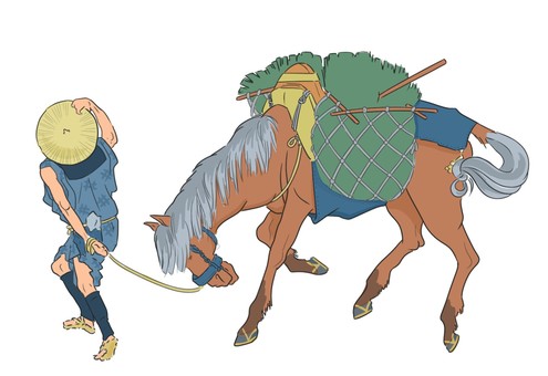 江戸時代　馬に荷物を乗せ歩く人 馬,江戸時代,人,歩く,茶色,荷物,草,働く,午,年賀のイラスト素材