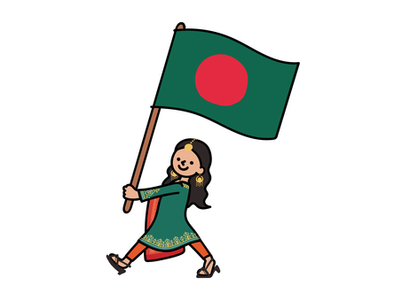 バングラデシュの国旗を持つ人 バングラデシュ,国旗,人,女性,民族衣装,アジアのイラスト素材