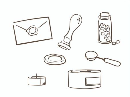シーリングスタンプセット　手書き風 手紙,封筒,シーリングスタンプ,瓶,ワックス,封蝋,キャンドル,スプーン,炉,雑貨のイラスト素材