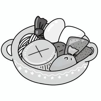 おでん（白黒） おでん,大根,こんにゃく,しらたき,昆布,煮物,玉子,がんもどき,具材,たくさんのイラスト素材