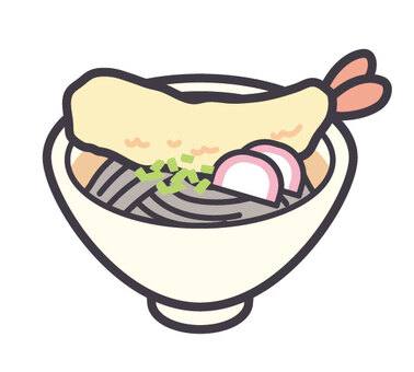 天ぷらそば 天ぷら,そば,年越しそば,年末,大晦日,えび天,かまぼこ,かけそば,どんぶり,ゆるいのイラスト素材