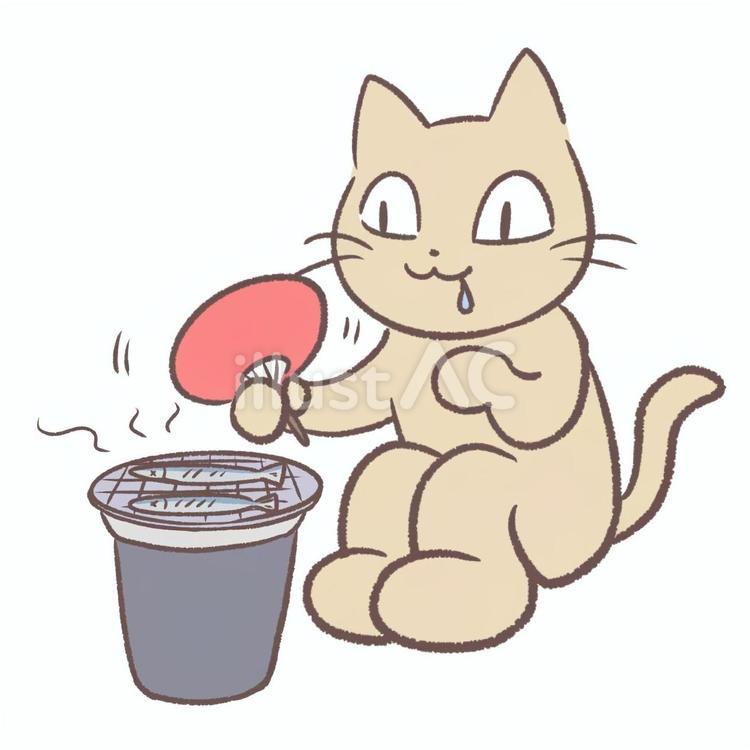 秋刀魚を焼く猫 猫,かわいい,ゆるいのイラスト素材