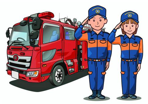 敬礼する消防隊員と消防車 消防署,消防車,男性,女性,消防隊員,ポンプ車,消防団,緊急車両,イラストのイラスト素材