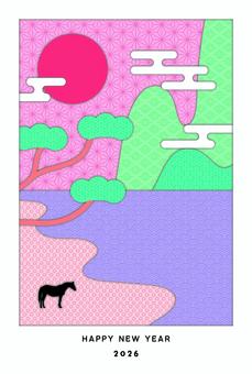 2026年の年賀状切り絵風 年賀状,和,2026,馬,和風,年賀はがき,かわいい,切り絵風,和柄,青海波のイラスト素材