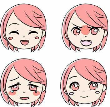 桃色の女の子の喜怒哀楽の顔セット 喜怒哀楽,表情,女の子,ピンク,かわいい,手描き,女性キャラクター,20代,30代,ピンク髪のイラスト素材