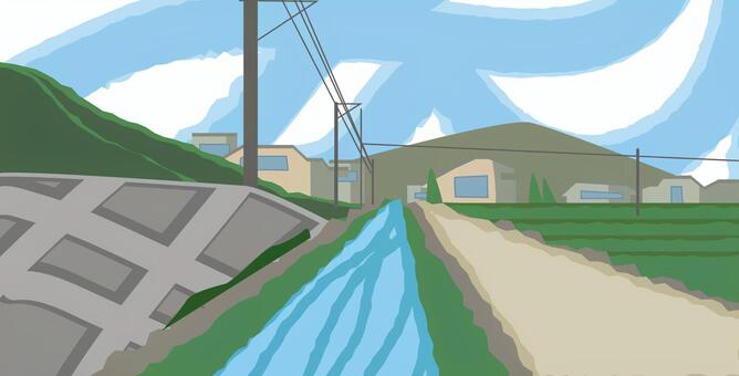 川田舎 川,水路,農地,道,山,民家,空,雲,地方,風景のイラスト素材