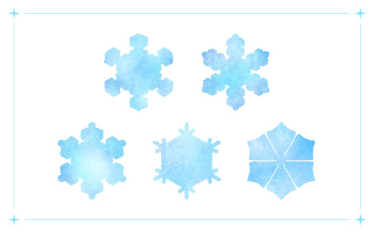 【手描き風】雪の結晶5種セット 雪の結晶,氷,雪,冬,手描き風,水彩,クリスマス,12月,1月,2月のイラスト素材