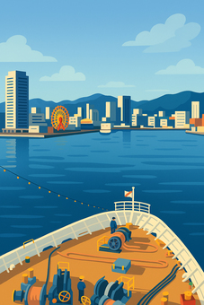 港町神戸へ 船上から望む街並み 港町神戸へ 船上から望む街並み にっぽん丸,クルーズ船,神戸港,入港,船旅,港町,神戸,風景,イラスト,レトロのイラスト素材