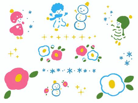 たのしい冬のイラストセット 冬,雪,椿,子ども,雪だるま,かわいい,楽しい,明るい,元気,寒中見舞いのイラスト素材