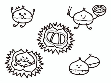 栗のキャラクターセット_線 栗,木の実,秋,食べ物,キャラクター,マスコット,デフォルメ,ゆるキャラ,栗ご飯,笑顔のイラスト素材