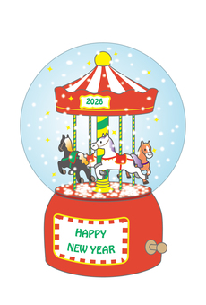 赤屋根回転木馬のスノードーム年賀状白背景 年賀状,2026年,スノードーム,馬,メリーゴーランド,赤,キラキラ,午年,回転木馬,カラフルのイラスト素材