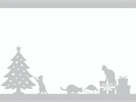 猫とクリスマスのシルエット背景・グレー 猫,シルエット,クリスマス,ツリー,プレゼント,サンタ帽,冬,メッセージカード,グレーのイラスト素材